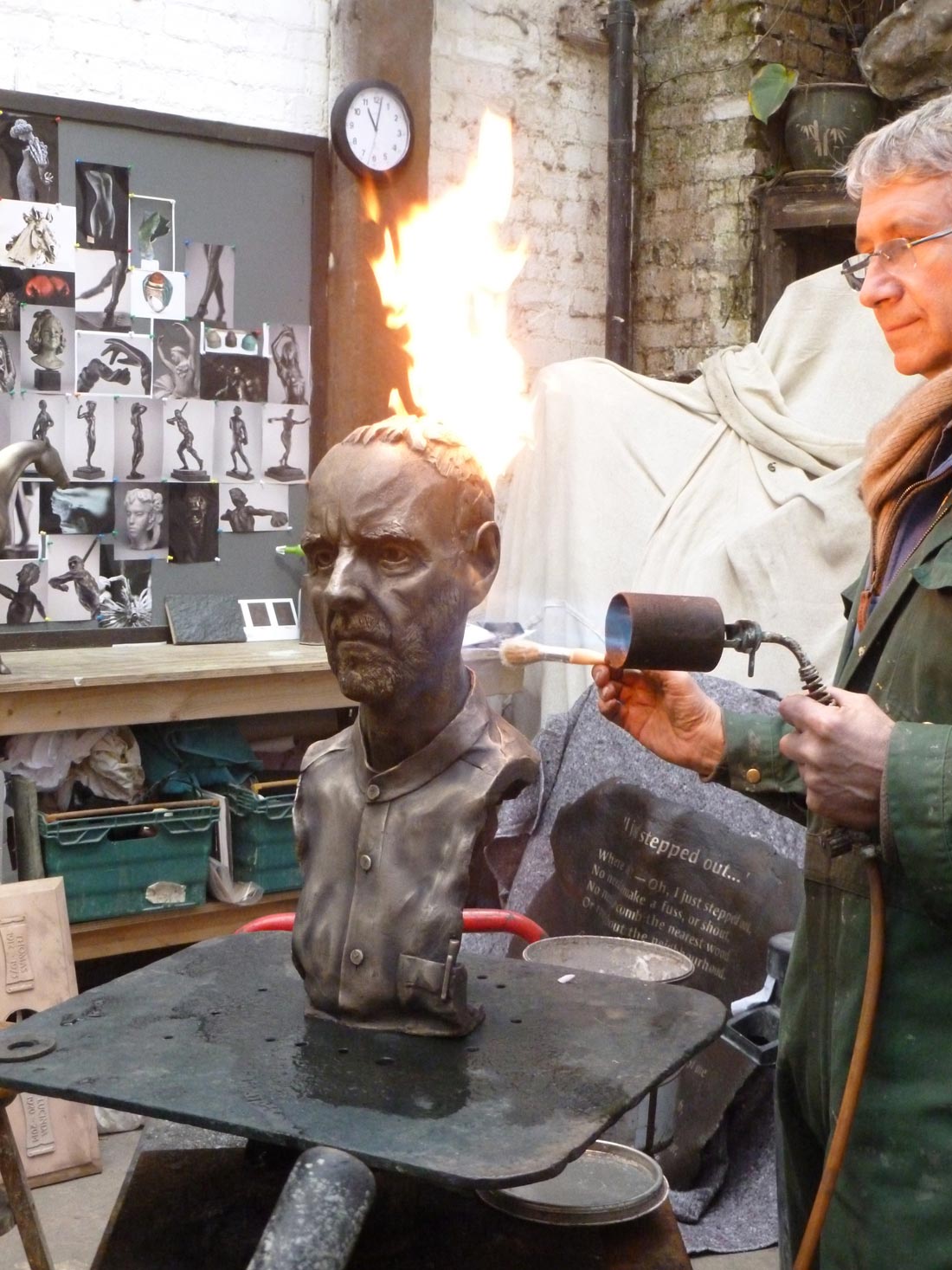 Geoff, bronze from wax being patinated at the foundry